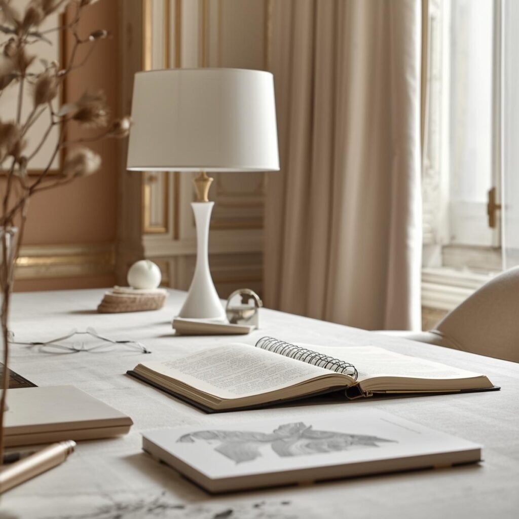 editorial interior background, beige, white and neutral color scheme, professional, artistic, french style, office close up (2)