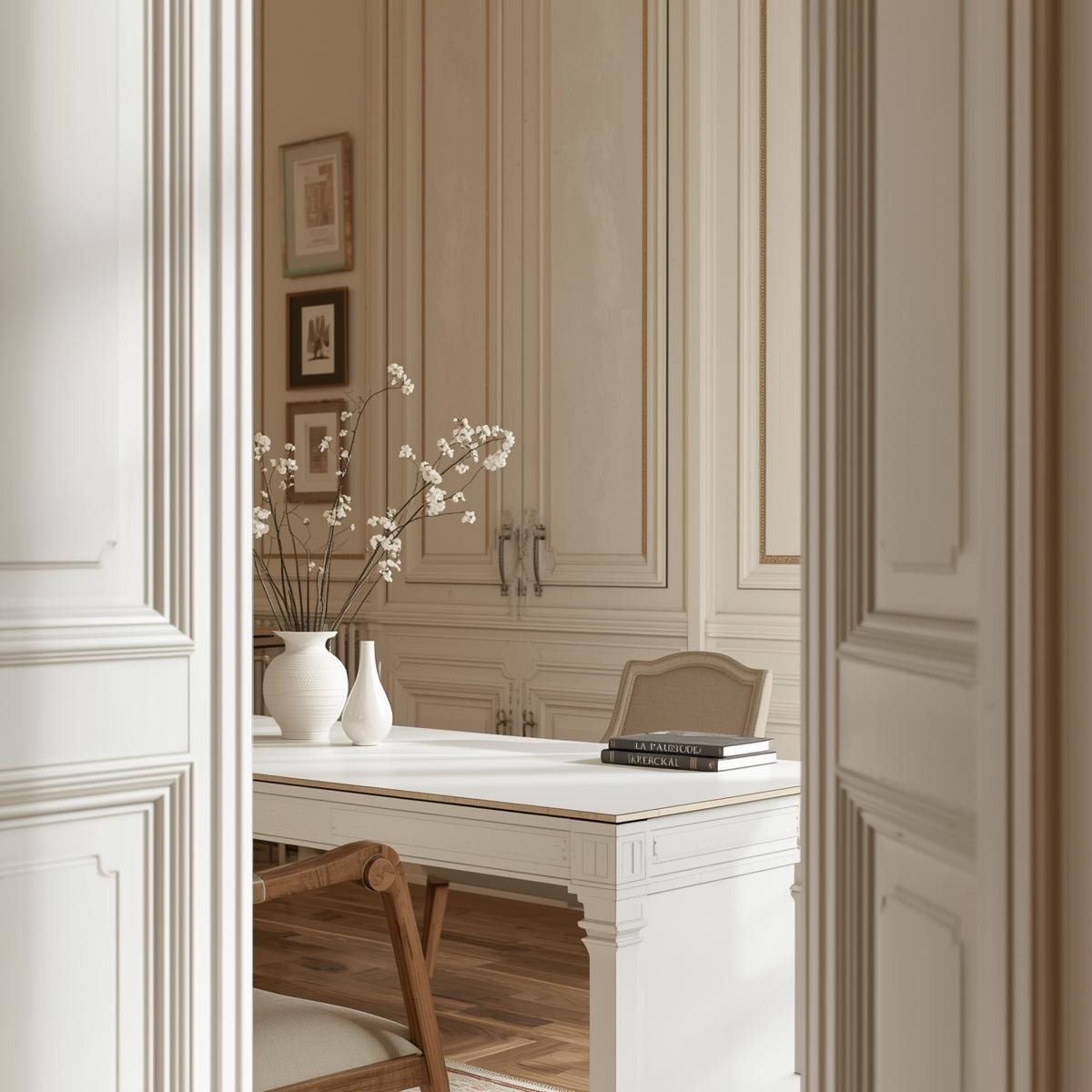 editorial interior background, beige, white and neutral color scheme, professional, artistic, french style, office close up (3)