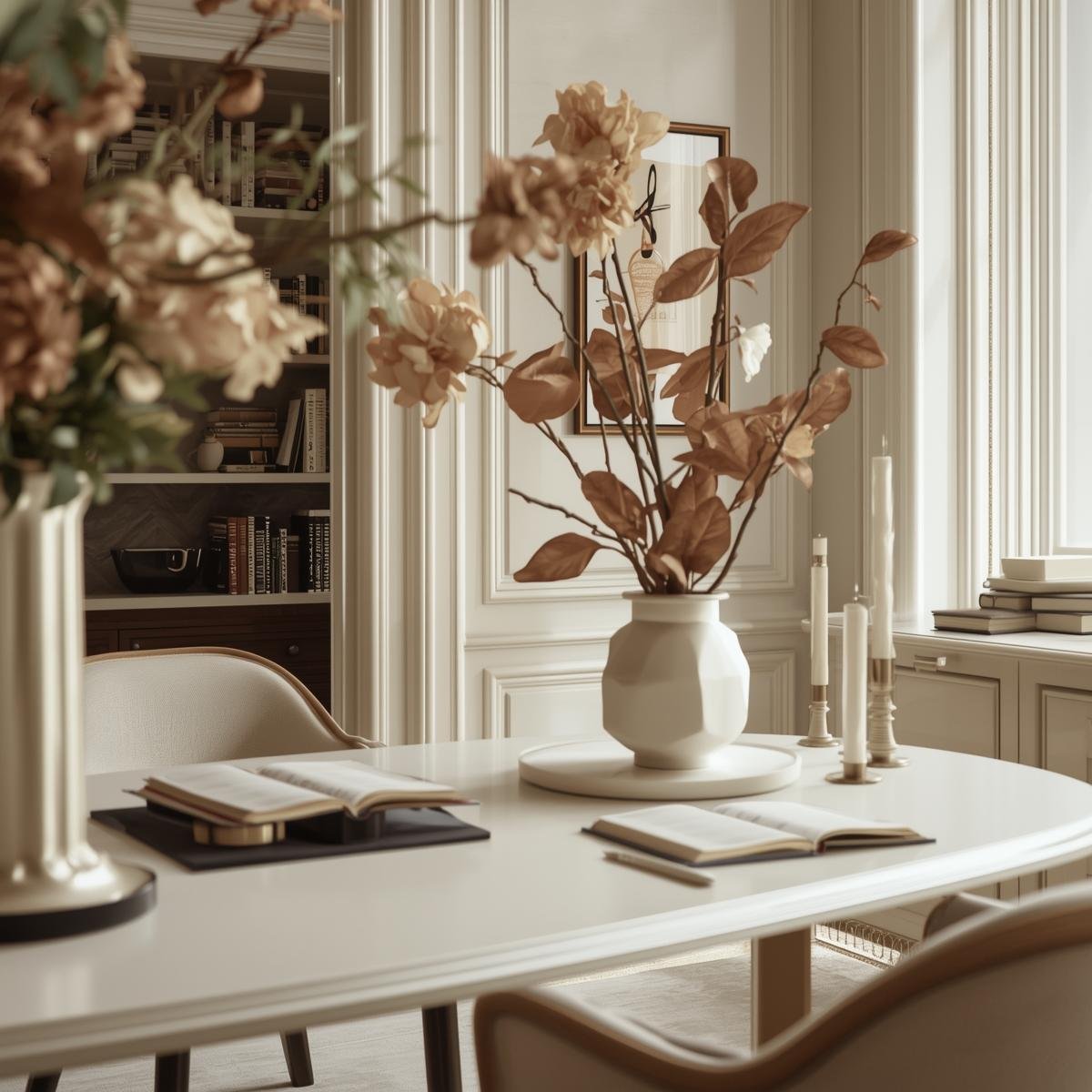 editorial interior background, beige, white and neutral color scheme, professional, artistic, french style, office close up