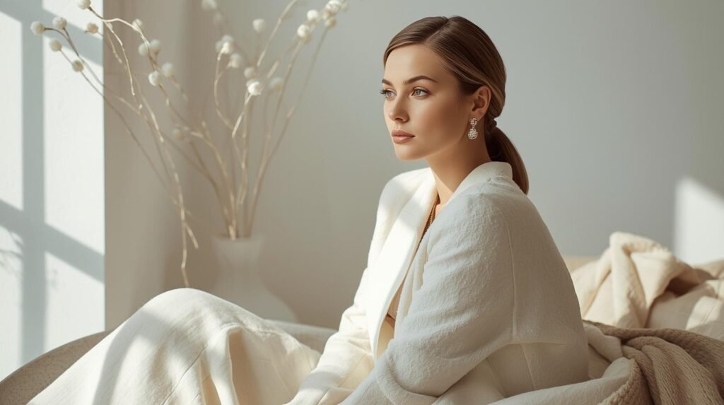 fashion photo of female entrepreneur with white, beige, neutral color scheme, not looking at the camera (1)