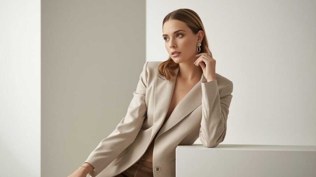 fashion photo of female entrepreneur with white, beige, neutral color scheme, not looking at the camera (2)