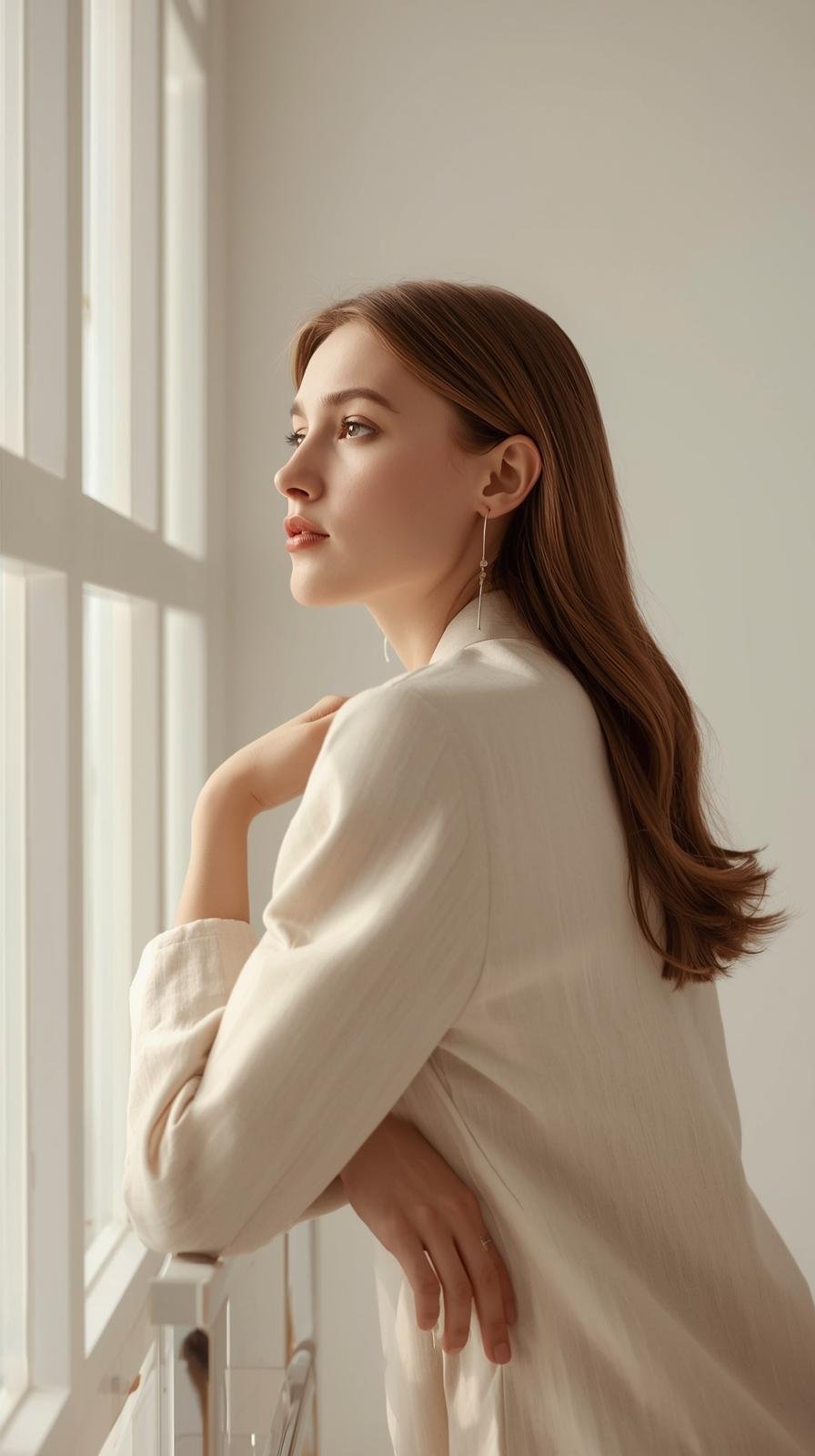 fashion photo of female entrepreneur with white, beige, neutral color scheme, not looking at the camera (3)