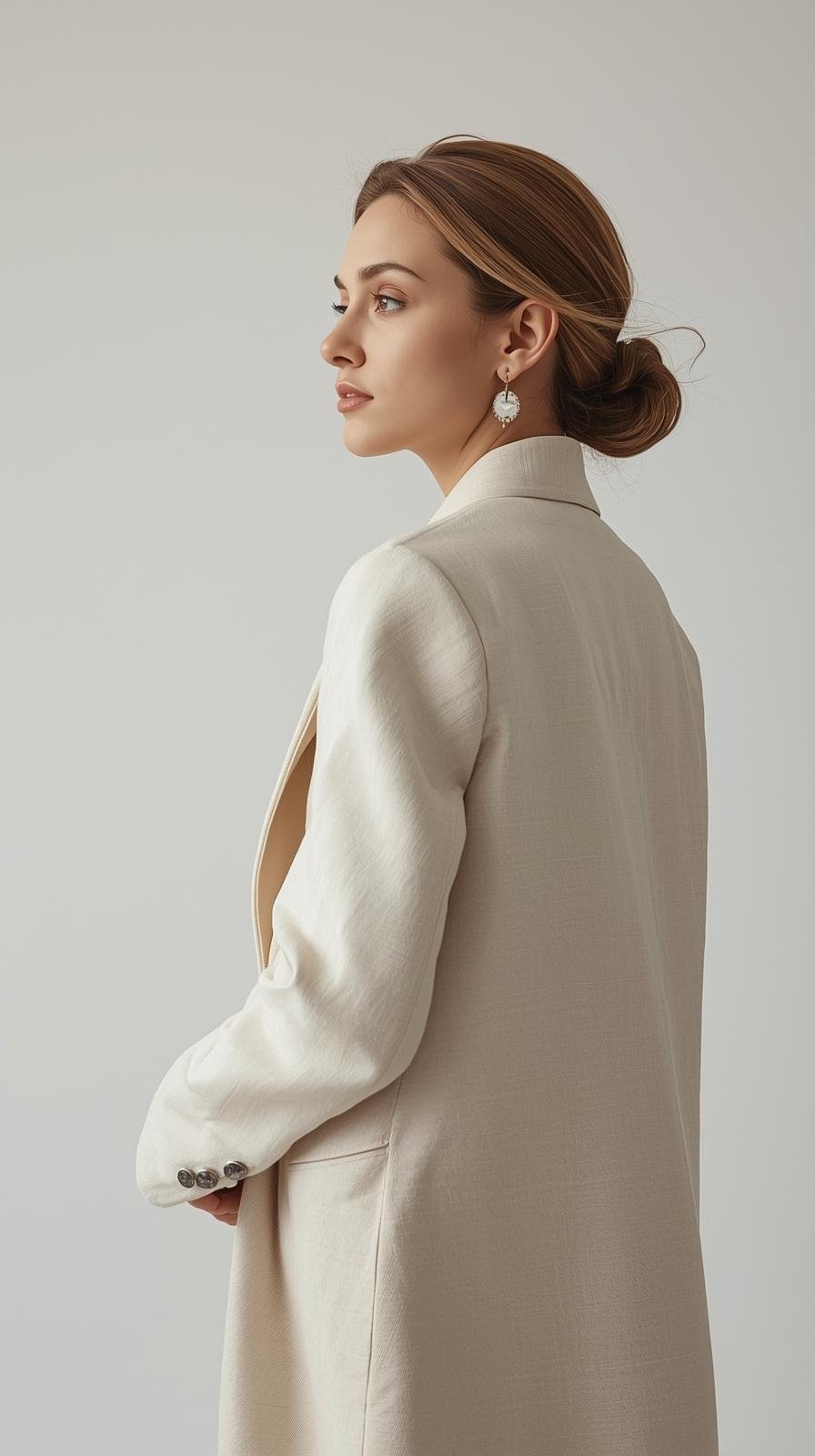 fashion photo of female entrepreneur with white, beige, neutral color scheme, not looking at the camera (4)
