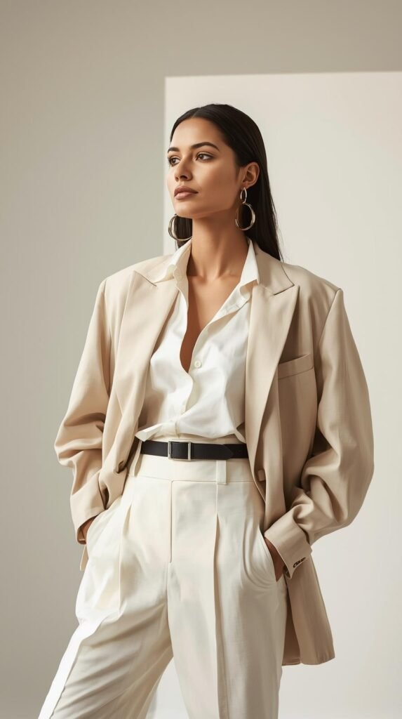fashion photo of female entrepreneur with white, beige, neutral color scheme, not looking at the camera (5)