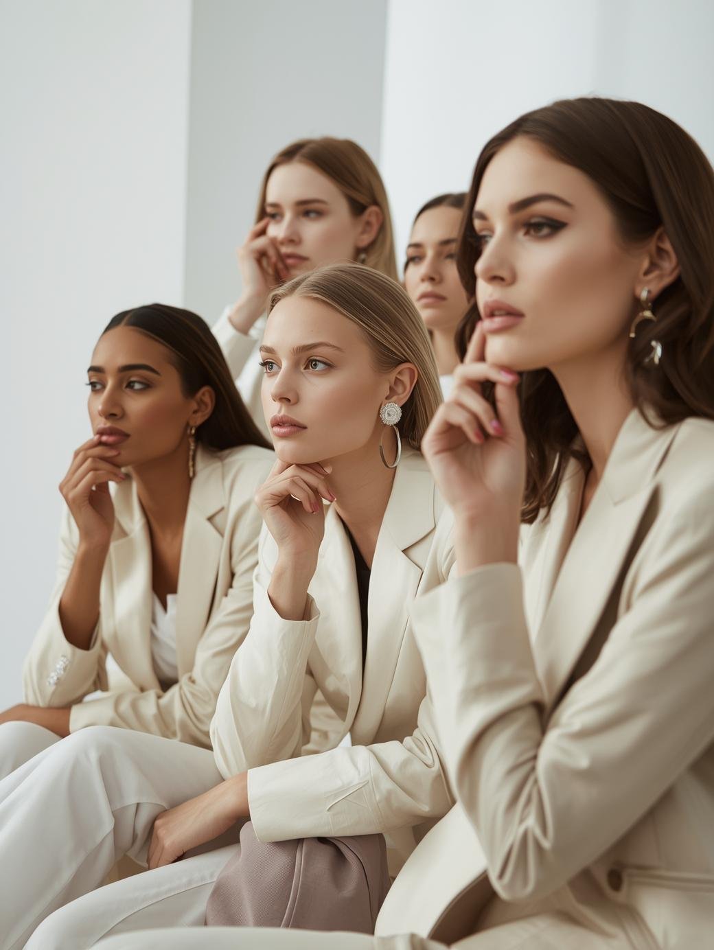 fashion photo of female entrepreneurs with white, beige, neutral color scheme, not looking at the camera (1)