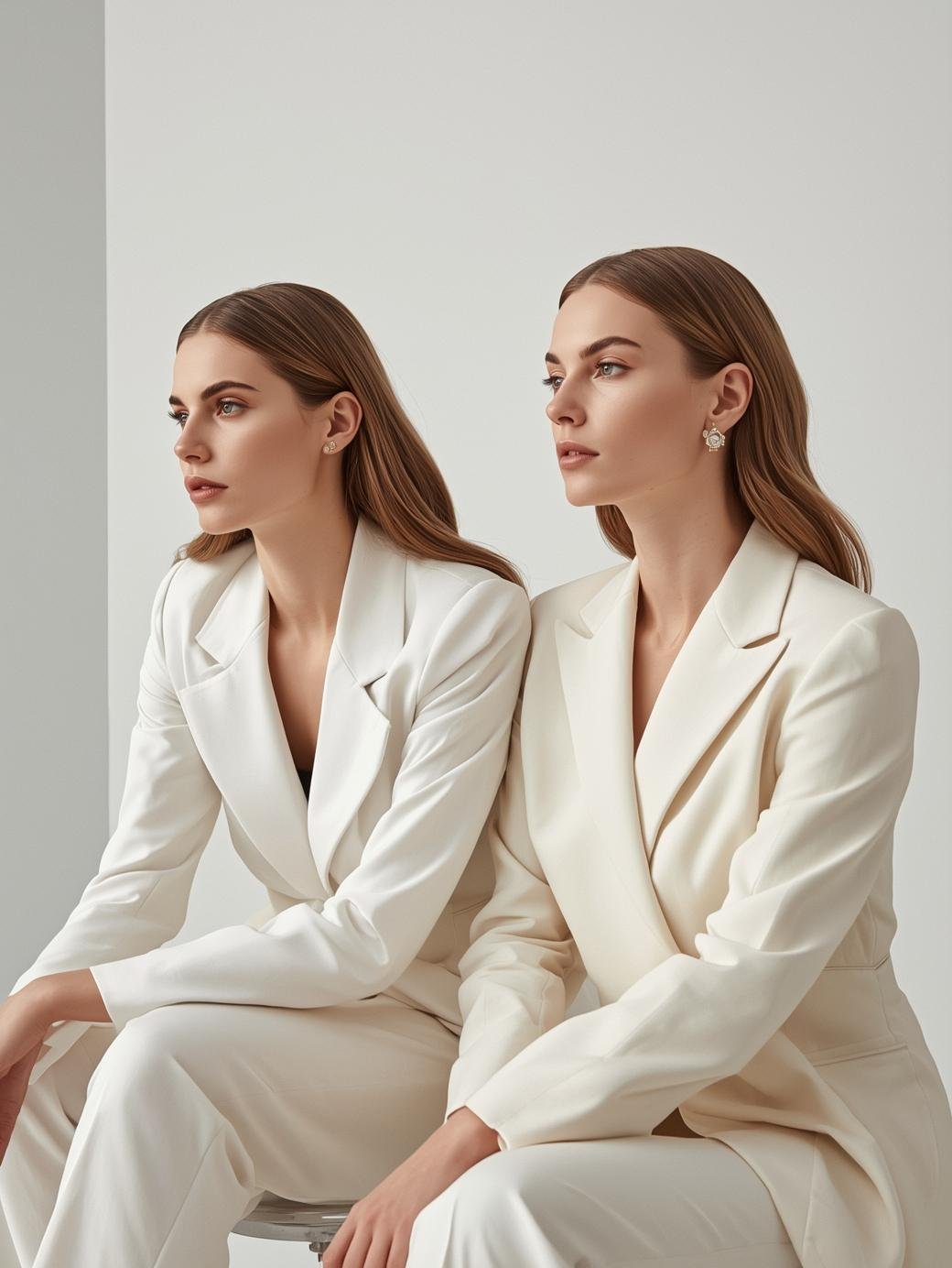 fashion photo of female entrepreneurs with white, beige, neutral color scheme, not looking at the camera (2)