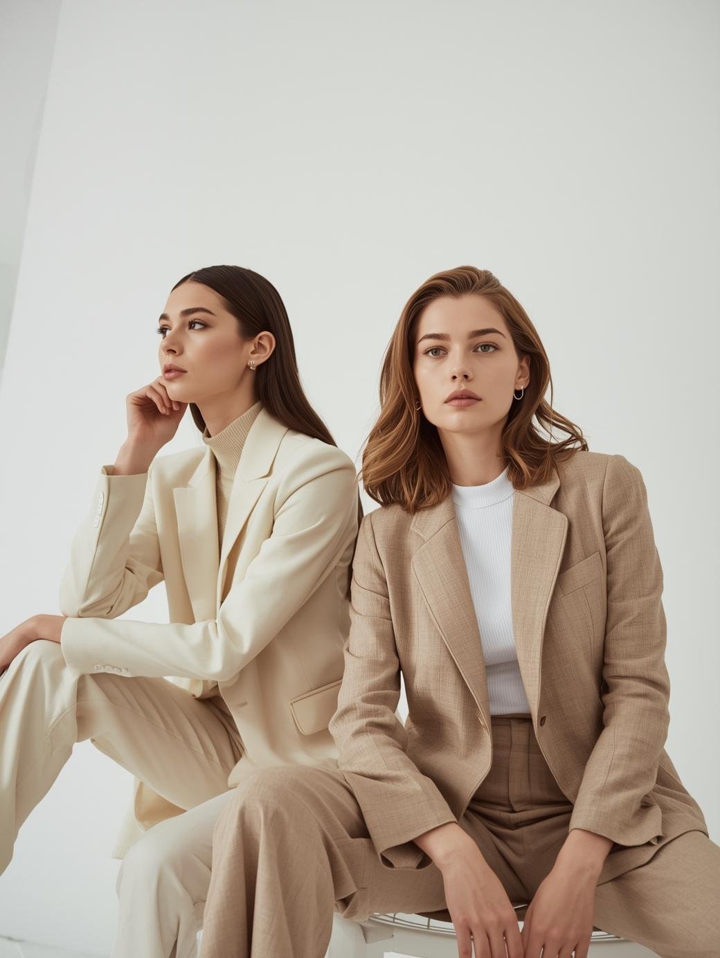 fashion photo of female entrepreneurs with white, beige, neutral color scheme, not looking at the camera