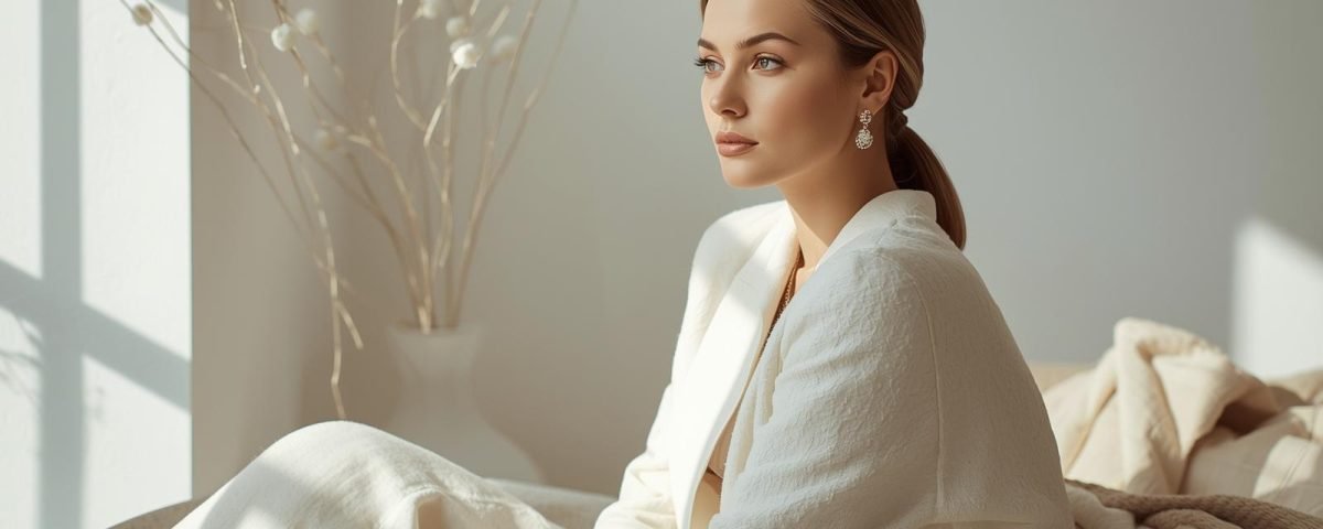 fashion photo of female entrepreneur with white, beige, neutral color scheme, not looking at the camera (1)