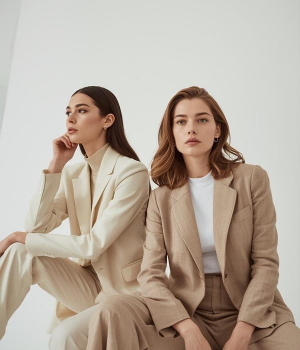 fashion photo of female entrepreneurs with white, beige, neutral color scheme, not looking at the camera
